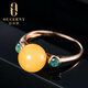 Ouchini beeswax ring, natural amber beeswax chicken fat yellow round beads inlaid with 18K gold and diamonds, women's hand jewelry (customized in 7-10 days)