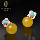 Ou Ceni natural amber earrings, 18k gold inlaid flower chicken fat yellow beeswax earrings, full honey round bead earrings for women, 18K rose gold (ready for shipment)