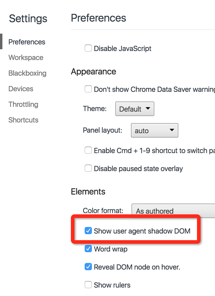 Show user agent shadow DOM