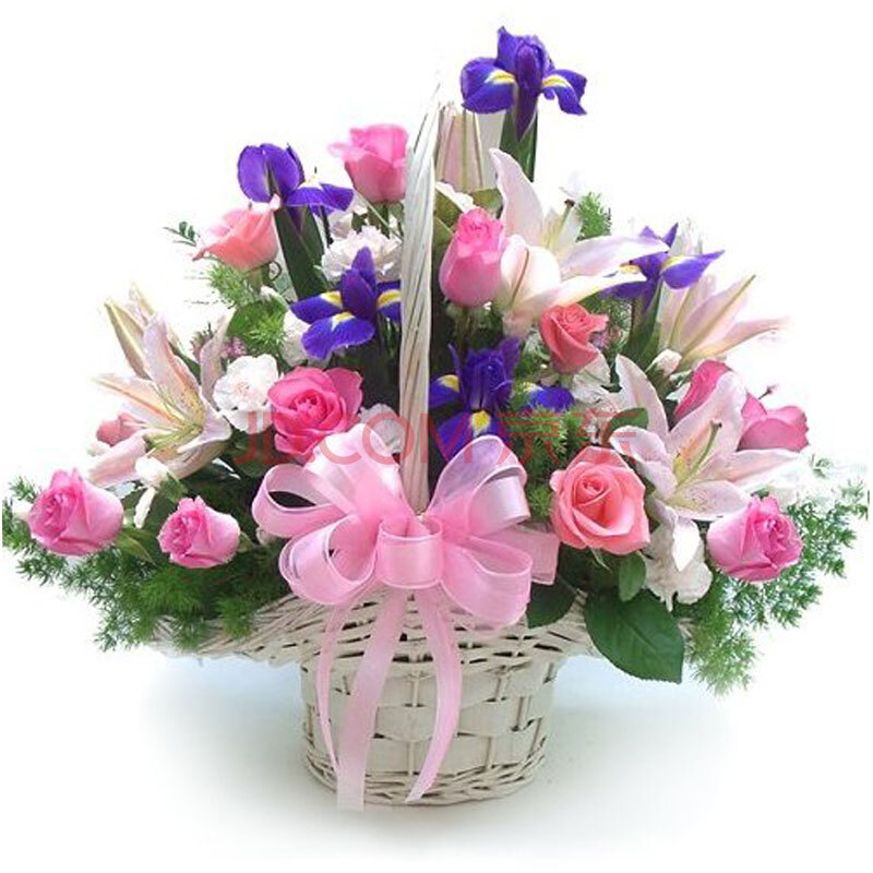 母亲节送妈妈婆婆 祝福花篮 19朵粉玫瑰 9朵百合花 生日礼物 hl15