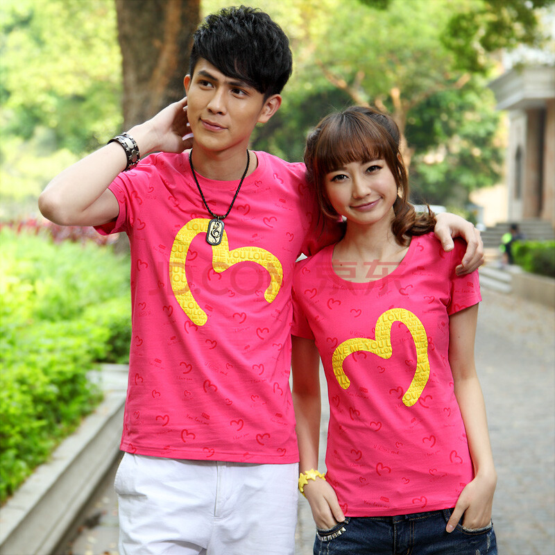 情侣屋2014新款夏装短袖圆领t恤衫宽松大码情侣装男女韩版时尚百搭