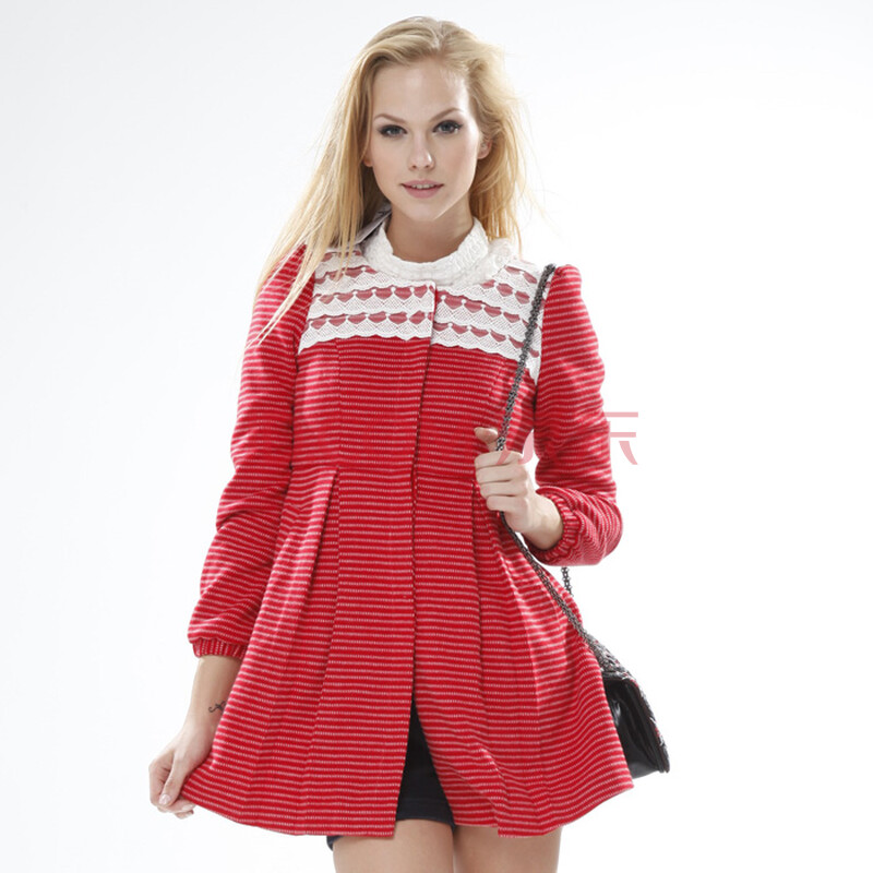 女装 大衣 卡路约翰 英伦风秋冬蕾丝圆领中长款毛呢大.