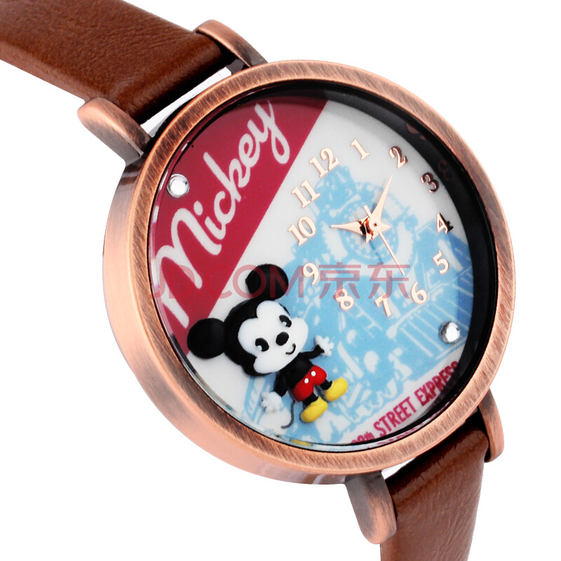 迪士尼disney米奇mickey品牌手表女士流行石英表真皮软陶手表女孩时尚