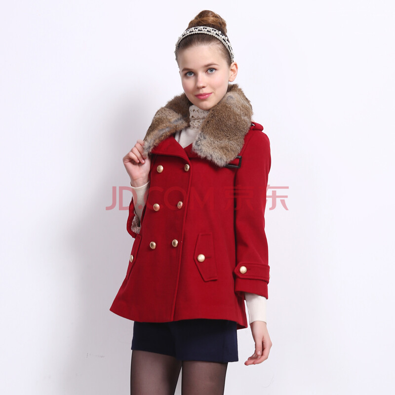 天衣布品正品 2013秋冬复古双排扣领子兔毛呢大衣中长款 女外套 酒红
