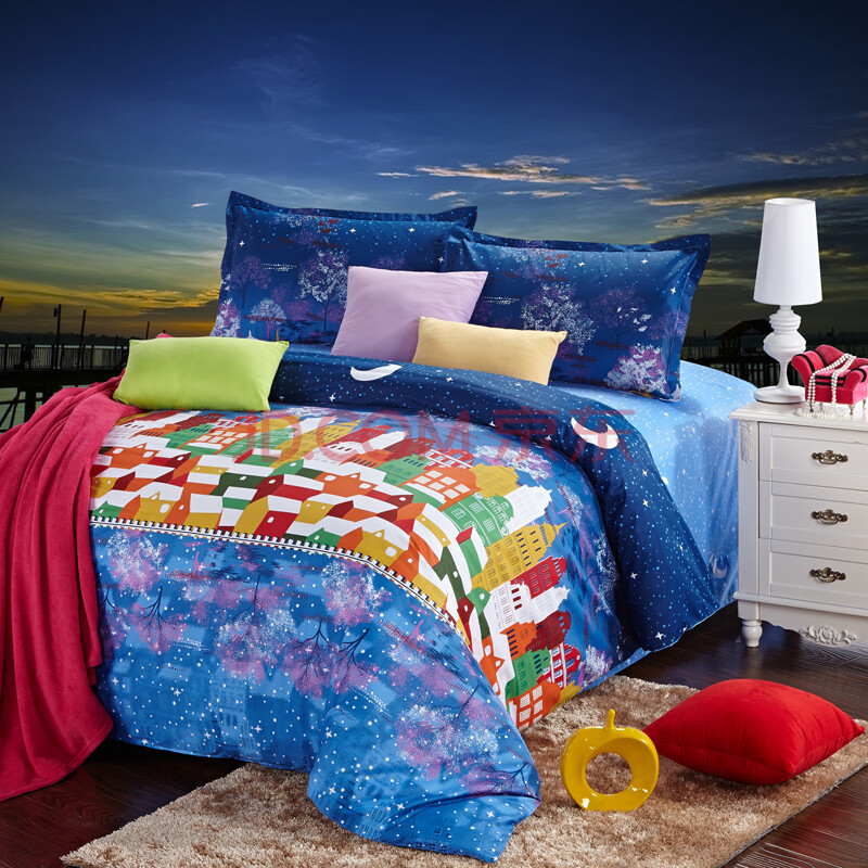 彩翼家纺全棉印花四件套——夜上海 蓝色 1.5米