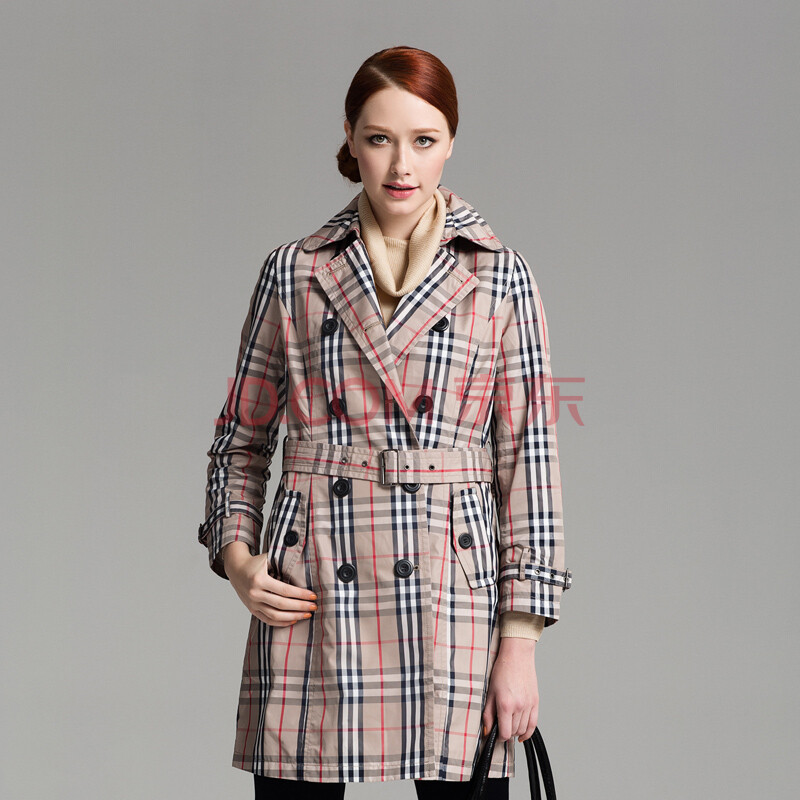 米兰登 中长款印花格子风衣 1b340043b0 杏咖格 xl