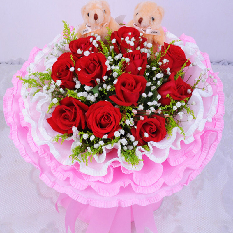 生日情人节订花 全国鲜花快递 节日礼物 11朵红玫瑰加小熊粉色包装