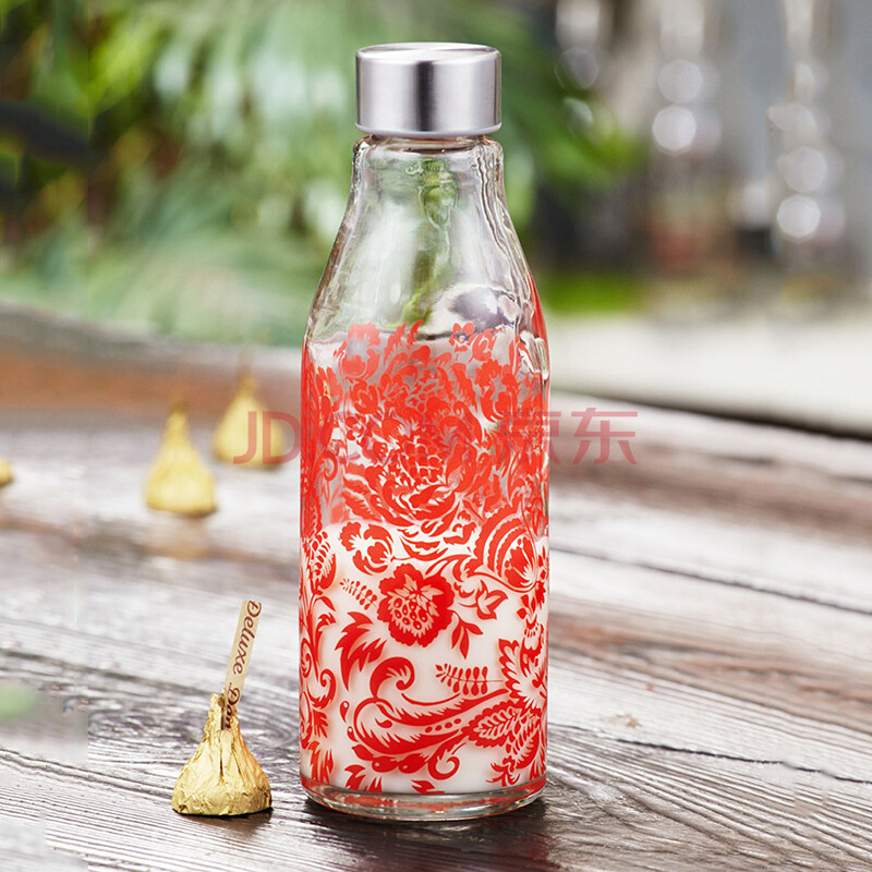 爱屋格林evergreen印花玻璃瓶密封防漏耐高温大容量牛奶杯果汁瓶 红色
