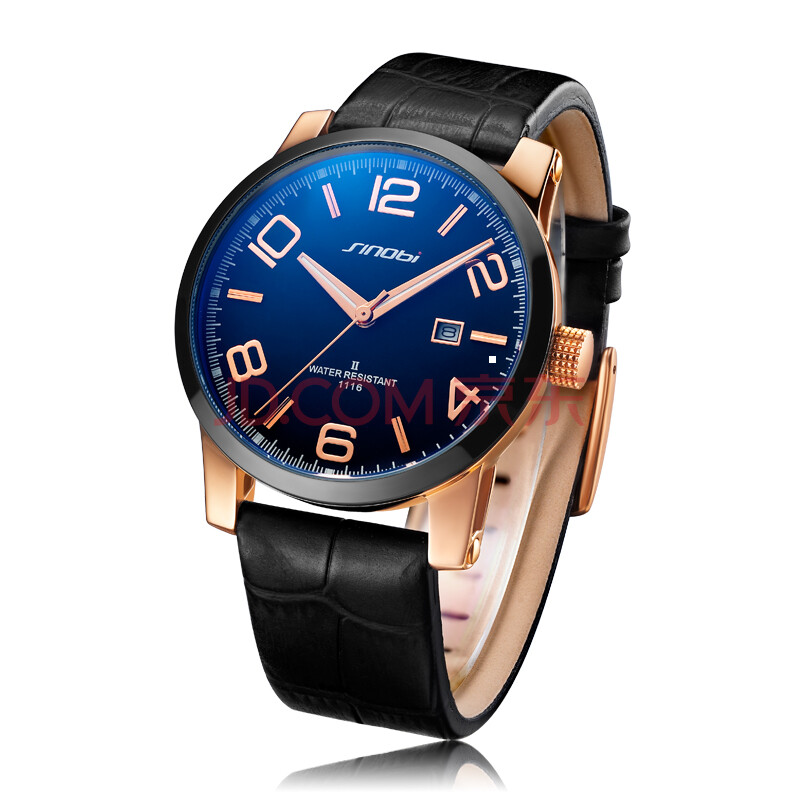 时诺比(sinobi)尊系列2012全新款真皮男士手表 1116g 玫壳黑面玫钉