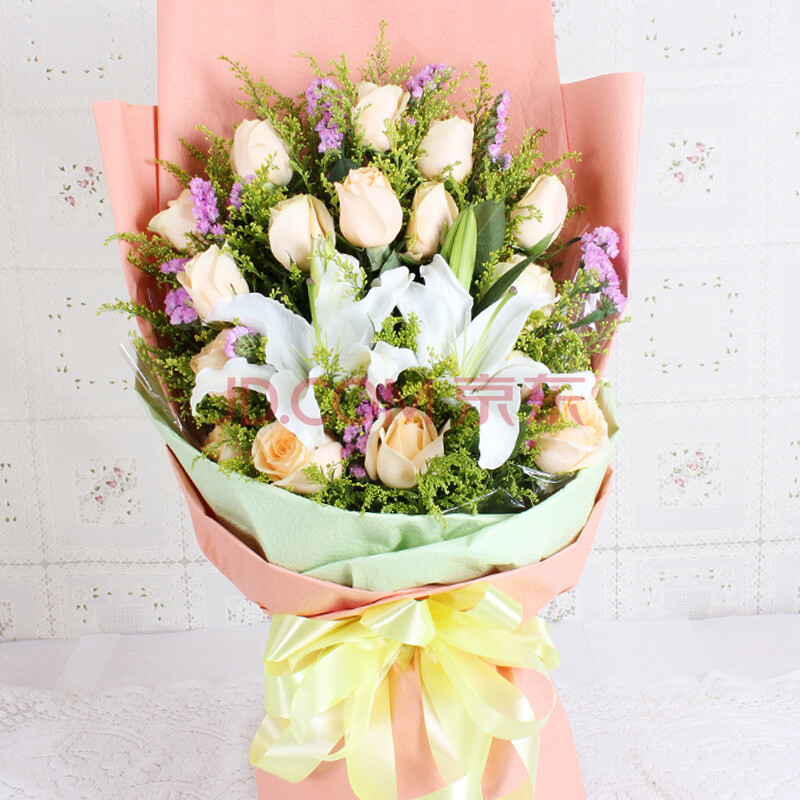 花之苑香槟玫瑰白百合花束鲜花速递广州深圳花店生日鲜花送花快递全国