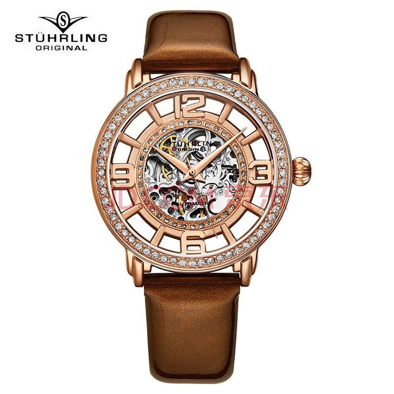 施图灵(stuhrling)瑞士机械女士表满天星镂空透底镶圈表盘手表女