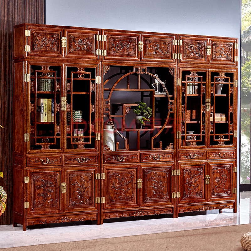 御皇城红木家具非洲花梨(学名:刺猬紫檀)实木书柜豪华三组合顶箱书柜