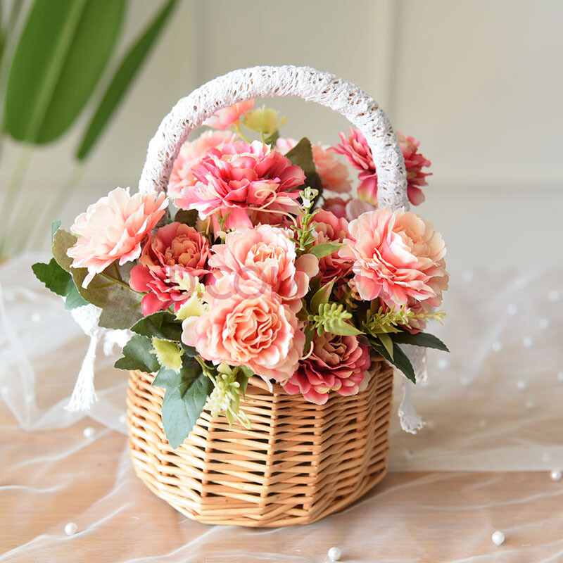 花篮花童藤编编织手提拍摄道具野餐小花篮子插花摆件家居圆形 少女篮