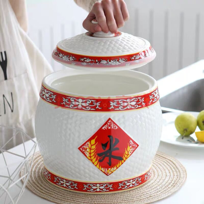 陶瓷米缸20斤满字景德镇储米箱家用带盖5kg10密封防潮面缸杂粮罐 米15