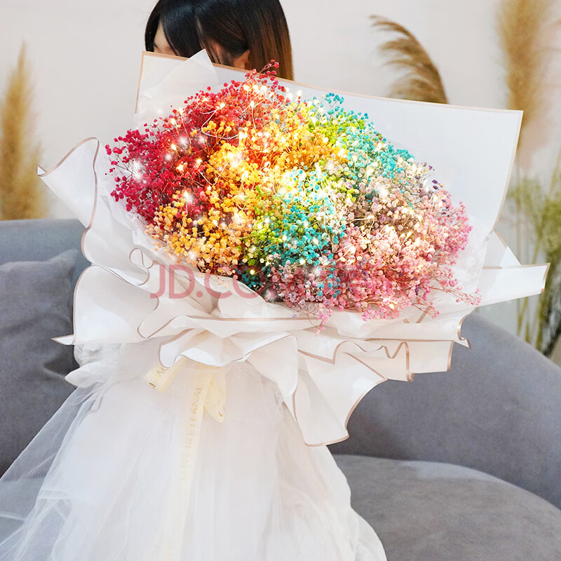 im huahua 七彩彩虹永生花满天星花束同城圣诞节礼物生日礼物纪念日