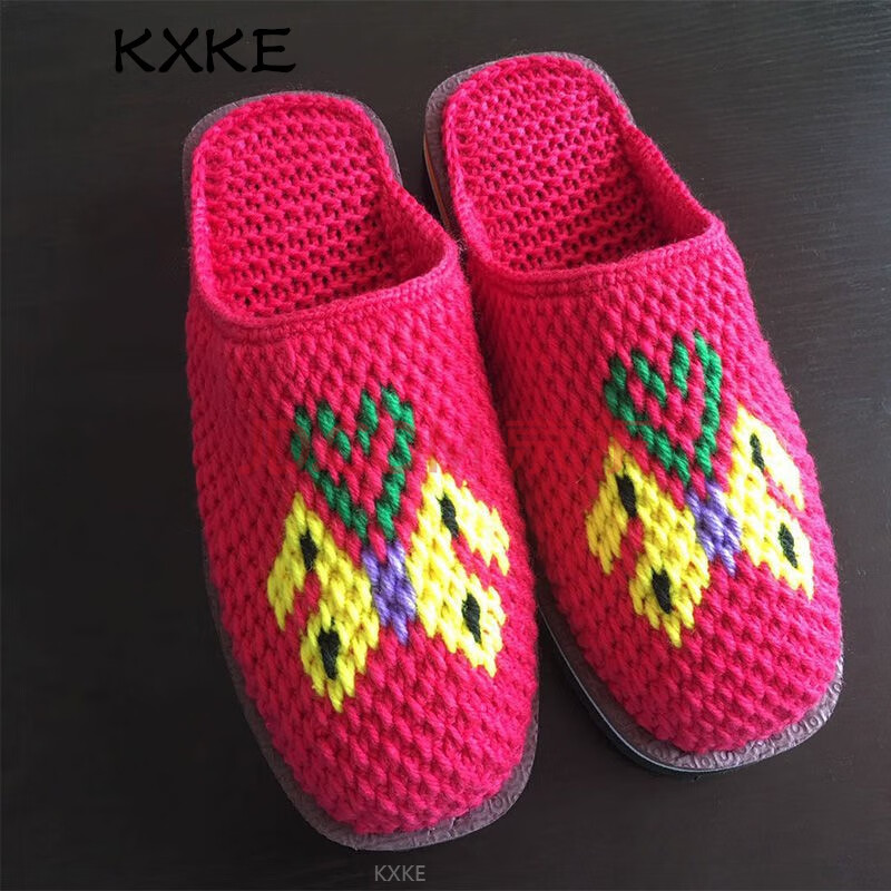 婚嫁出嫁毛线拖鞋冬季拖鞋男女拖鞋毛线鞋成品 西瓜红-蝴蝶 38/39