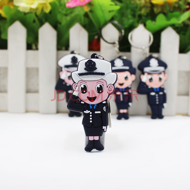 警察公仔钥匙扣定制橡胶交警钥匙扣卡通挂件定做pvc钥匙链 白帽女交警