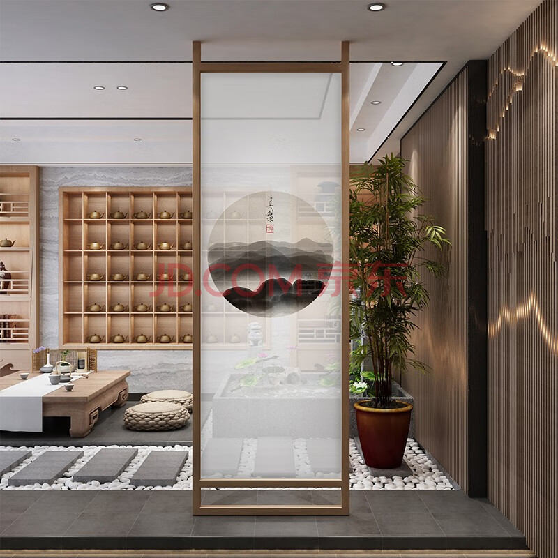 韵祺阁 现代中式屏风隔断客厅玄关茶室庭院遮挡煞山水布艺定制实木座