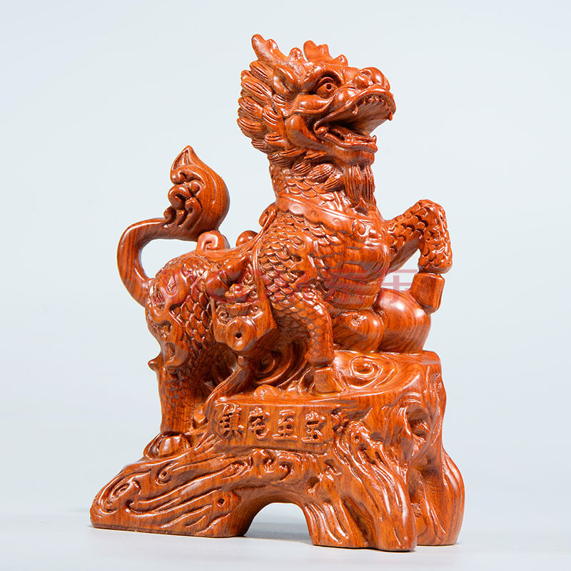 与山择林木雕麒麟摆件一对花梨实木质雕刻神兽家居客厅装饰乔迁红木