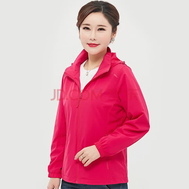 冲锋衣女单层薄款春秋中老年妈妈装户外弹力透气加肥加大登山服 栖红