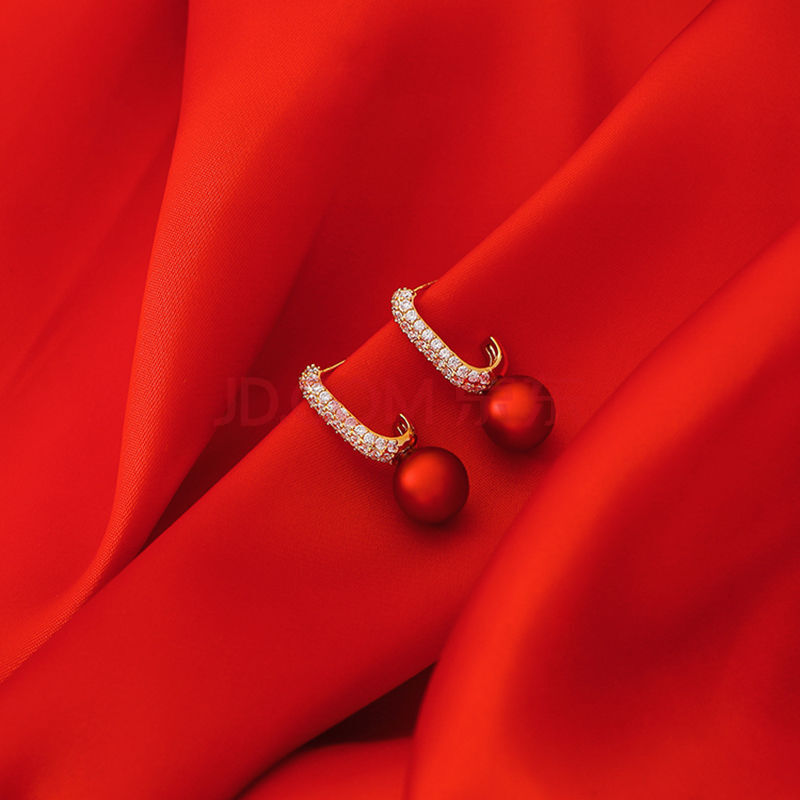 20过年红色珍珠本命年耳环女韩国网红气质耳钉感耳饰潮 红色珍珠耳钉