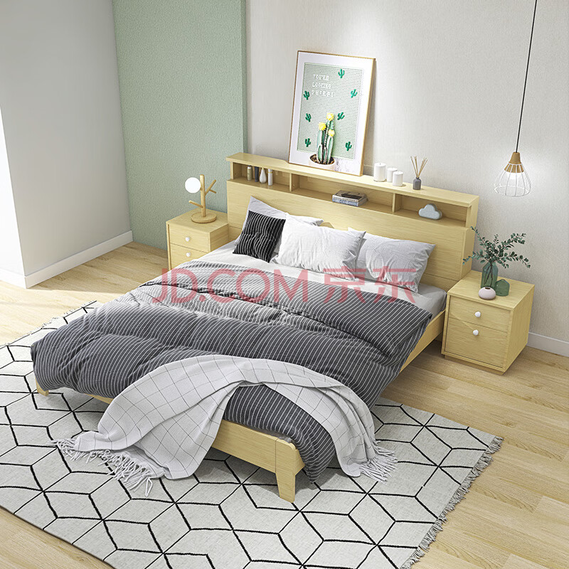 8米板式床 带床头储物大床 床头柜组合家具 床 床头柜×2【原木色款】