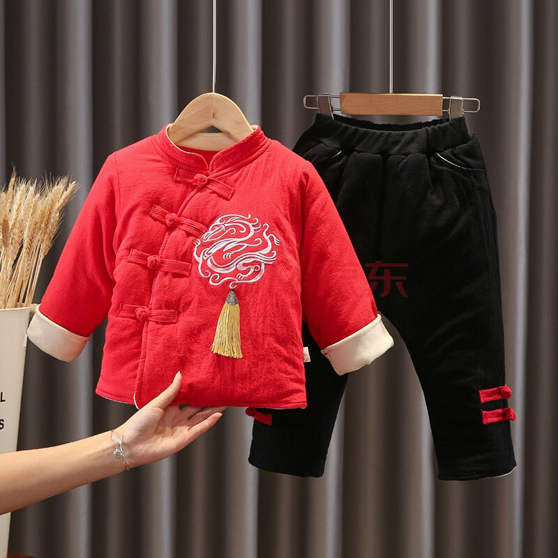 民族服装幼儿中式过年服冬天中国风周岁礼 棉麻年服红色【塞棉加厚】