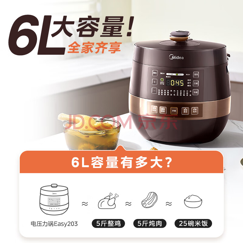 美的（Midea）全自动智能预约电压力锅 6L大容量 家用易清洁不粘双胆煲汤炖肉保温YL60Easy203电饭煲高压锅3-8人