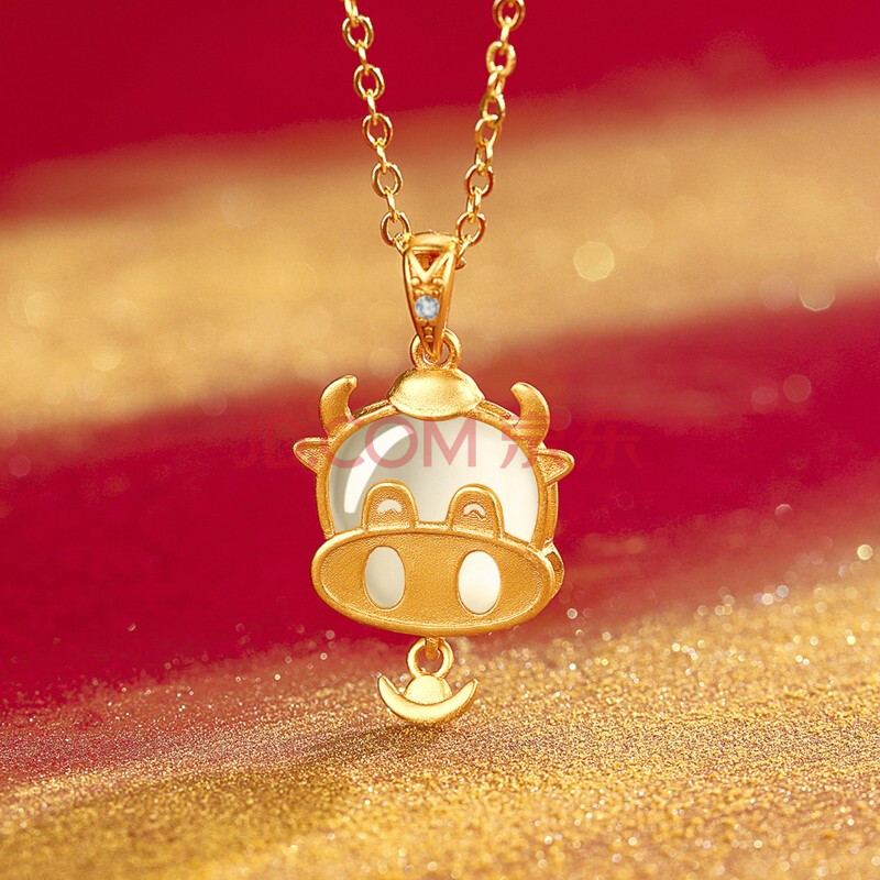 2021牛气冲天古法银金镶玉吊坠牛jijo福牛和田玉项链女本命年 元宝