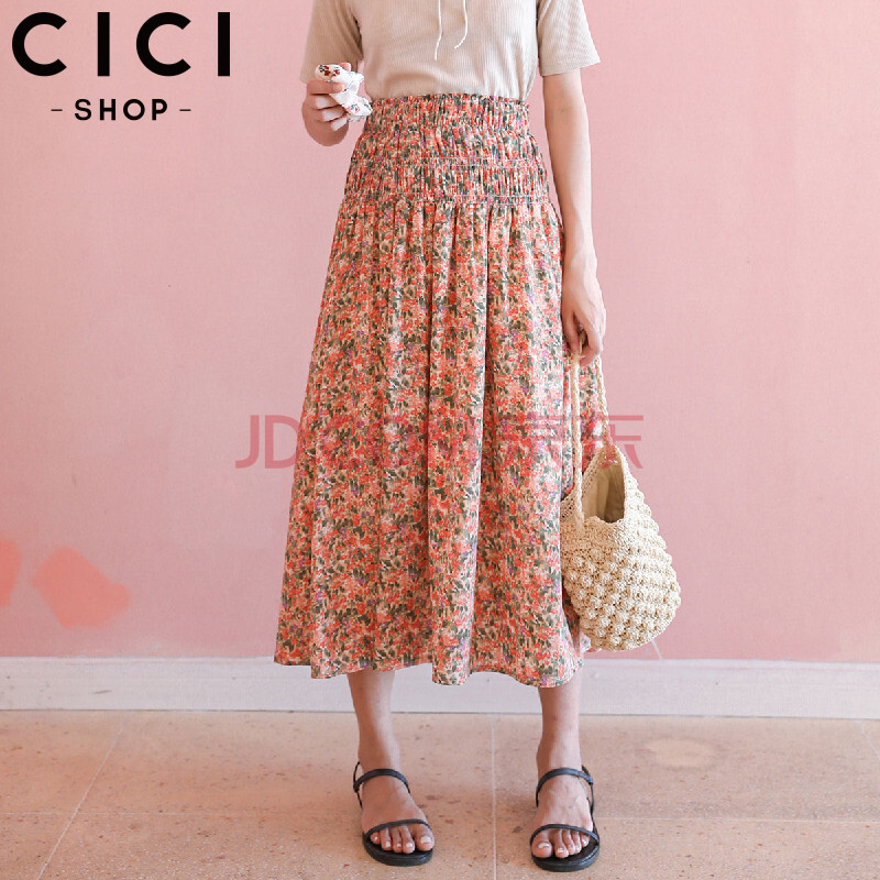 cici-shop 欧美休闲松紧高腰复古花朵过膝a字裙碎花百搭半身裙夏装