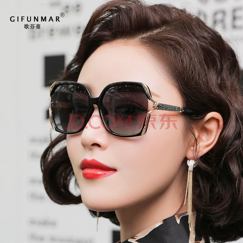 gilfunmar品牌轻奢偏光太阳镜女2021新款大框复古圆脸气质墨镜 黑金框
