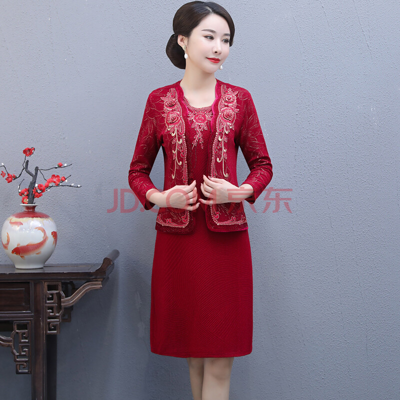 婚庆服装婆婆装春天结婚妈妈装婚庆参加婚礼妈妈礼服两件套连衣裙高贵