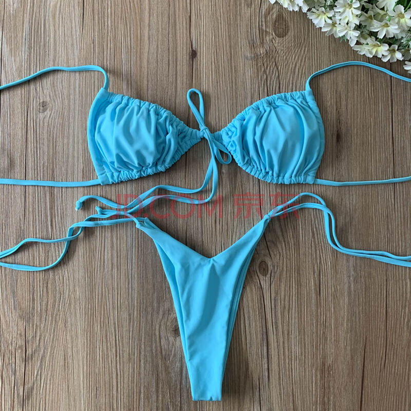 欧美新款泳衣女性感三角比基尼抽绳绑带小胸三点式bikini温泉泳装 天