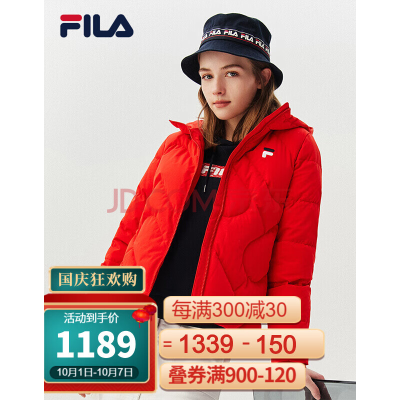 fila 斐樂女裝短款羽絨服2021春季新款保暖運動白色外套女 傳奇紅-rd