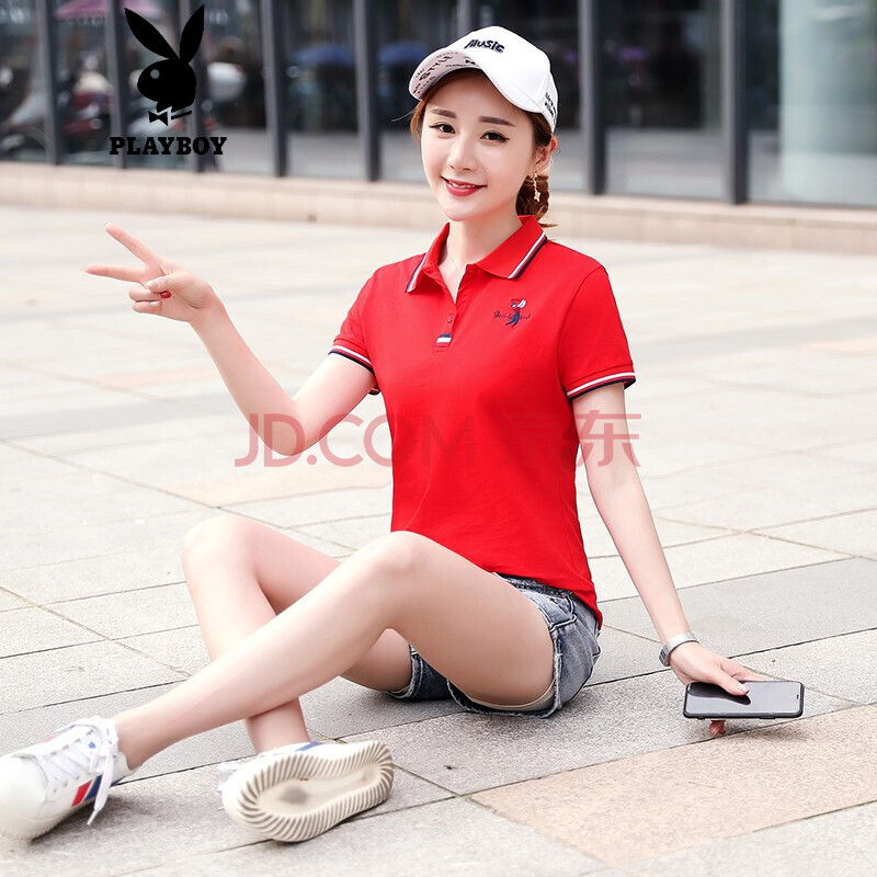 年新款春夏季polo衫女款短袖t恤女透气休闲运动翻领条纹刺绣上衣 红色