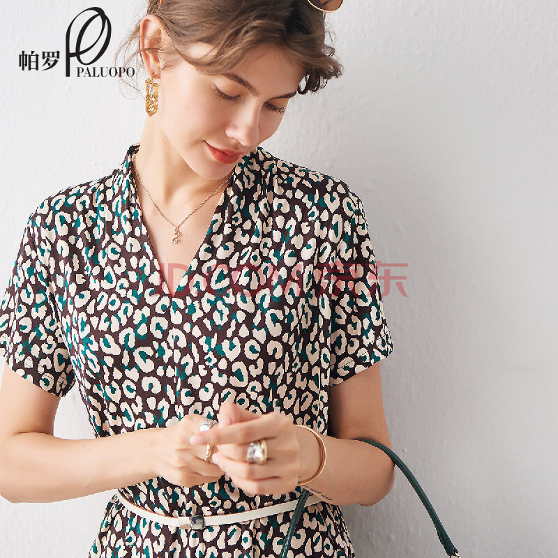 帕罗paluopo 【135g真丝针织】v领气质印花真丝直筒针织连衣裙 黄棕