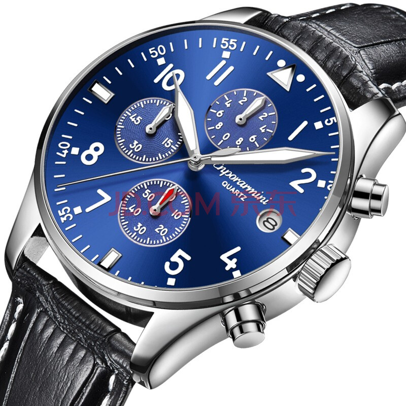 安普里阿米尼手表 简约时尚日历防水石英表手表 9018白壳蓝面皮带