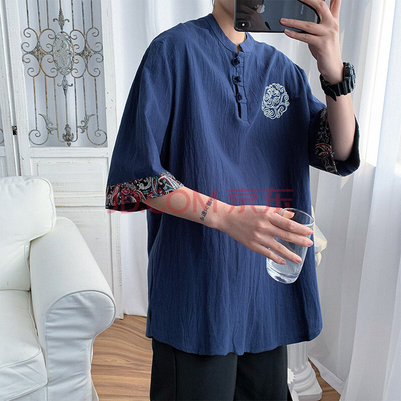 彩羊夏天衣服男中国风盘扣亚麻t恤男装中式棉麻上衣夏季复古装民族