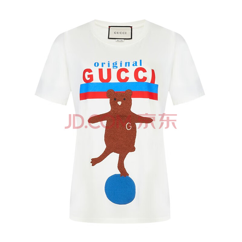 古驰gucci 女士米白色棉质小熊贴饰original gucci大型短袖t恤 615044