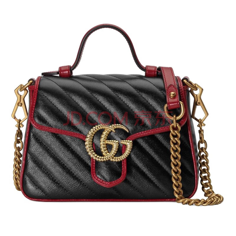 古驰(gucci)女士黑红拼色皮革gg marmont系列迷你手提包单肩包斜挎包