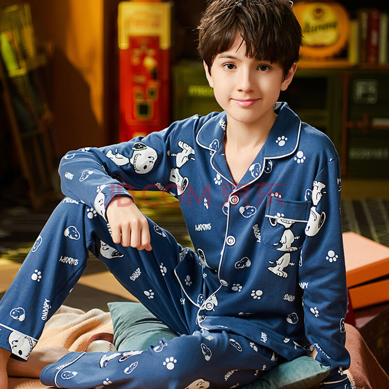 儿童睡衣棉男孩长袖冬款宽松开衫少年棉家居服加大码套装 66032男童
