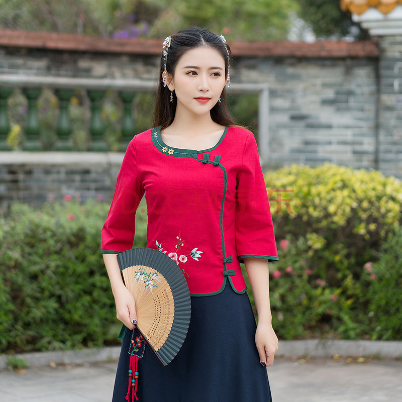 忻萦 民族风套装女2020夏季装新款修身复古唐装刺绣棉麻连衣裙两件套