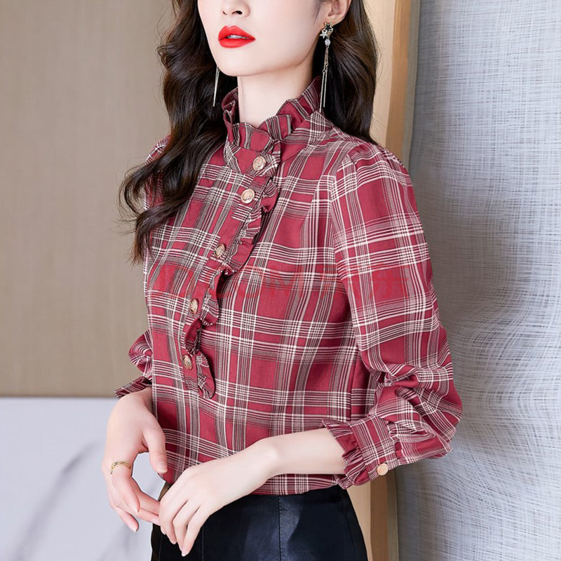 格子雪纺衬衫女士秋装2021年新款秋时尚欧货上衣小衫长袖洋气衬衣