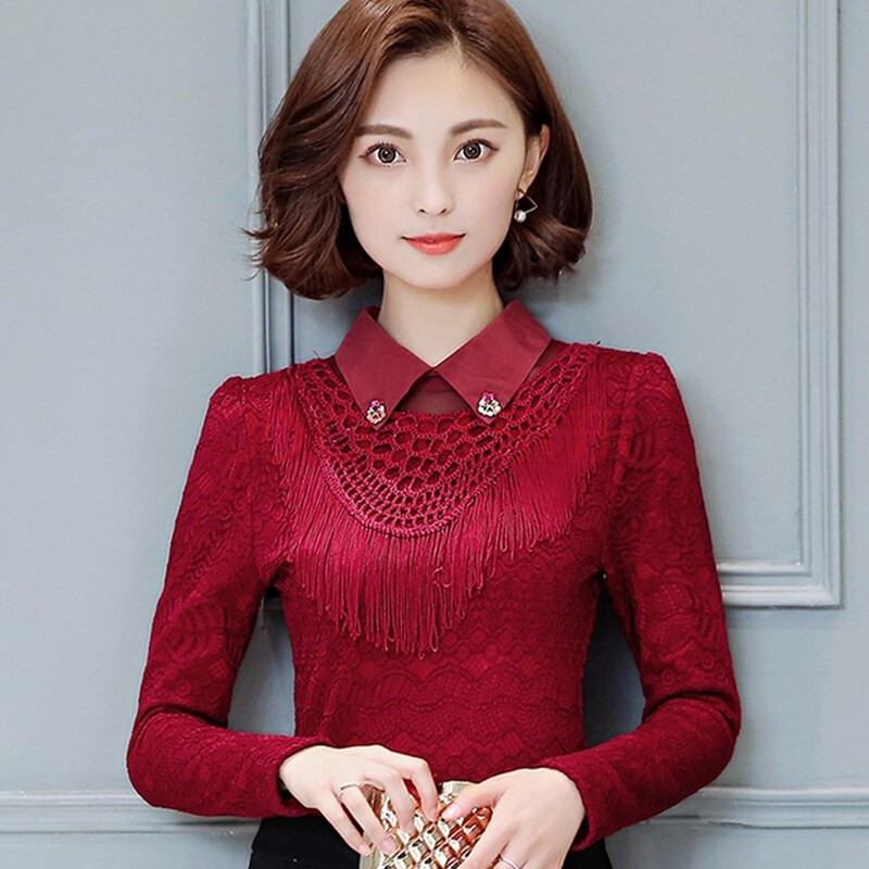 2019新款娃娃领网纱镂空短款蕾丝衫女士雷丝打底衫长袖 红色 m