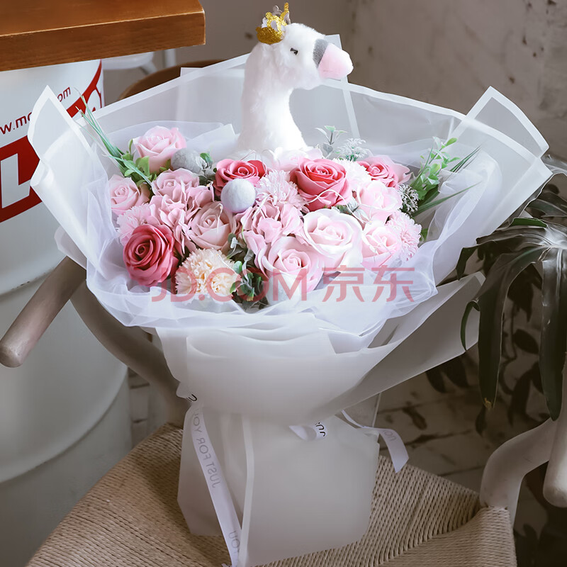 柏爱21朵玫瑰花天鹅公主毛绒公仔香皂花礼盒彩灯鲜花速递父亲节情人节礼物纪念日生日送女生送老婆 爱稳赢商城
