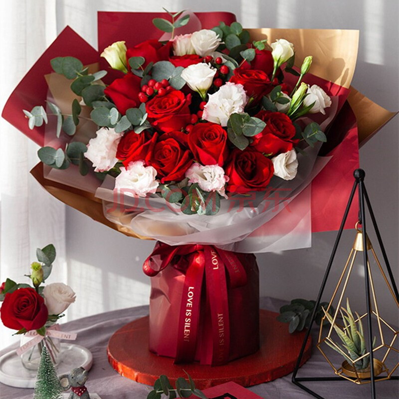 沁花 红粉香槟玫瑰满天星鲜花束全国速递同城上门表白送女友生日礼物