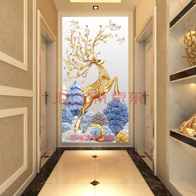 玄关壁纸画竖版8d走廊玄关壁画竖版过道北欧背景墙纸麋鹿贴画装饰现代