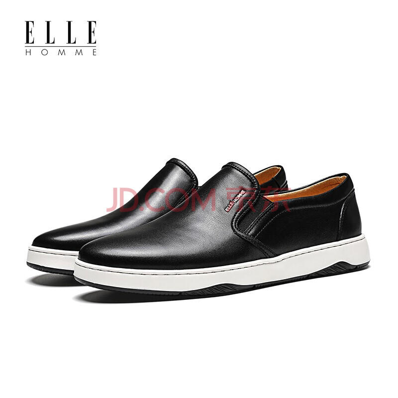 elle homme商务休闲皮鞋男一脚蹬豆豆鞋百搭乐福男鞋 黑色 43