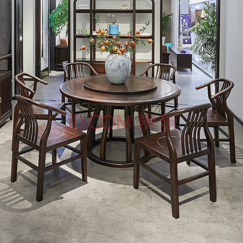 新中式圆桌 新中式禅意圆餐桌实木乌金木餐桌椅1.35米圆桌 现代实木1.