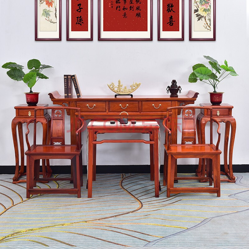 寻古红木家具缅甸花梨(学名:大果紫檀)中堂六件套实木条案供桌新中式